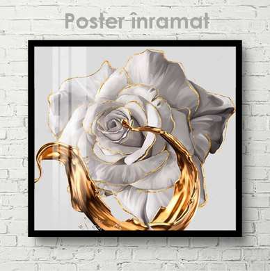 Poster - Floare albă cu aur lichid, 40 x 40 см, Panza pe cadru