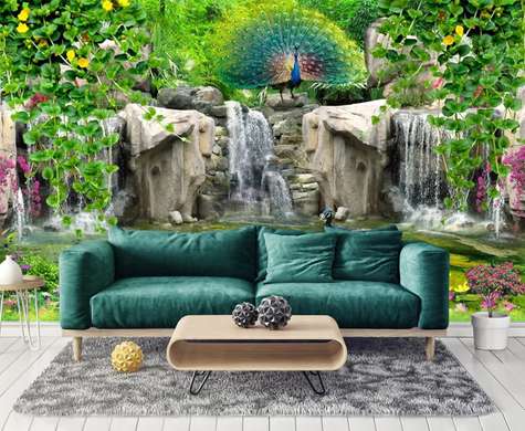 Wall Mural - Peacocks and a waterfall in a green park