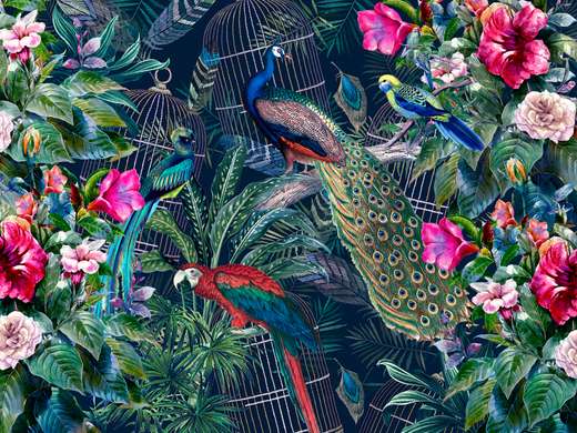 Wall Mural - Peacocks, parrots and flowers