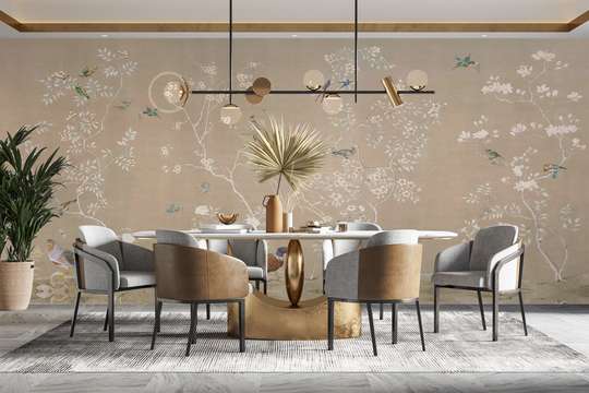 Wall Mural - Delicate landscape with flowers and exotic birds