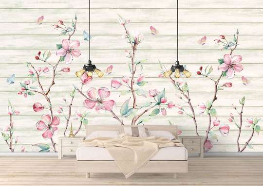 Wall Mural - Pink flowers on an abstract background.