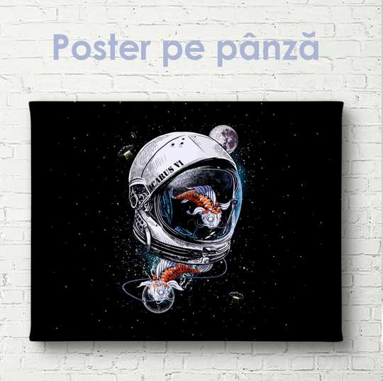 Постер - Скафандр космонавта и рыбки, 60 x 30 см, Холст на подрамнике, Минимализм
