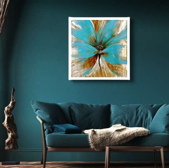 Постер - Бирюзовый цветок с золотыми краями, 40 x 40 см, Холст на подрамнике, Цветы