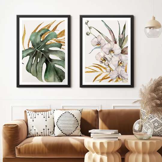 Poster - Leaves and White Orchids, 60 x 90 см, Framed poster on glass, Sets