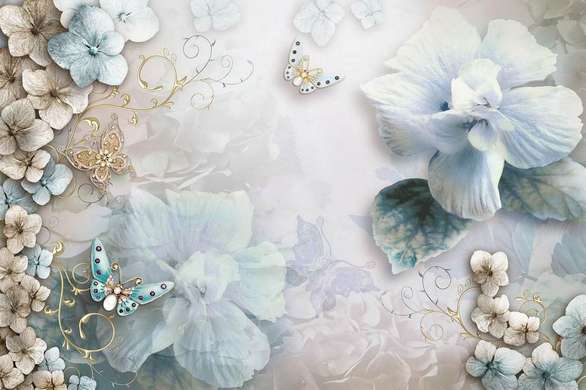 Фотообои - Голубые цветы и бабочки с крыльями из драгоценных камней