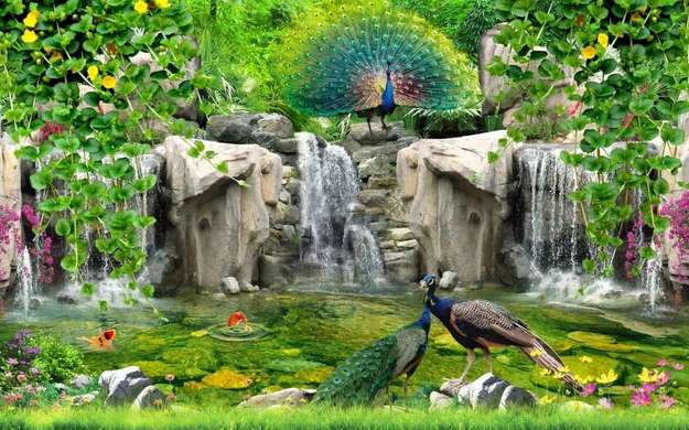 Wall Mural - Peacocks and a waterfall in a green park