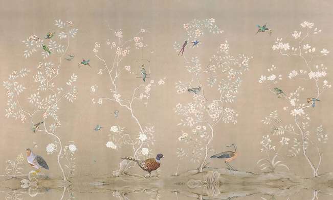 Wall Mural - Delicate landscape with flowers and exotic birds