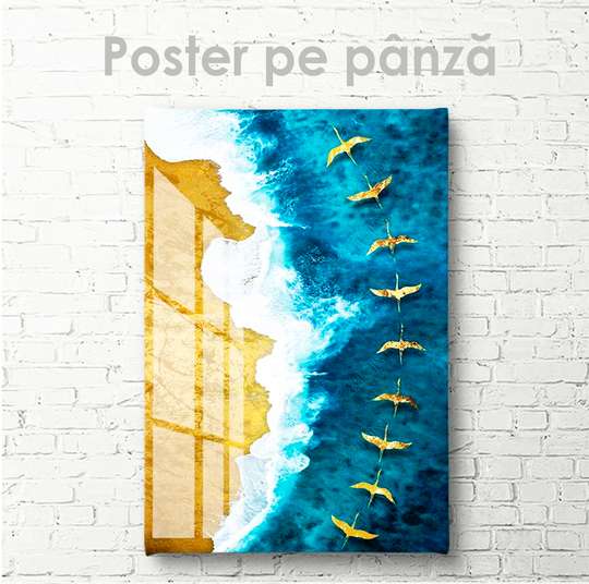 Постер, Стая золотых птиц над морем, 30 x 45 см, Холст на подрамнике