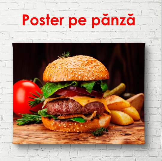 Poster - Burger with fries, 90 x 60 см, Framed poster, Food and Drinks