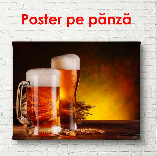 Poster - Two glasses of beer on a brown background, 90 x 60 см, Framed poster, Food and Drinks