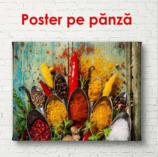 Poster - Bright and fragrant spices in spoons, 60 x 40 см, Framed poster on glass, Food and Drinks