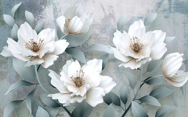 Fototapet - Flori albe delicate pe fundal gri