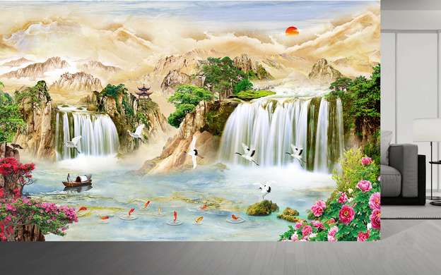 Wall Mural - Waterfall and Chinese landscape with mountains