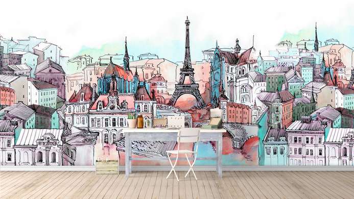 Фотообои - Нарисованный Париж в теплых тонах
