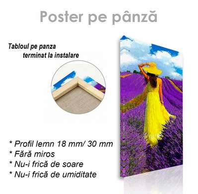 Poster - Fată în câmpul de lavandă, 30 x 60 см, Panza pe cadru