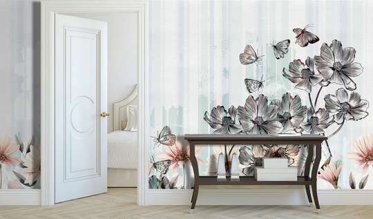 Wall Mural - Spring flowers with butterflies in light shades