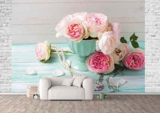 Wall Mural - Bouquet of white peonies in a vase on the table