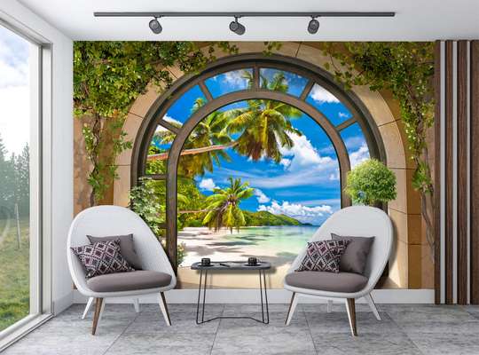 Wall Mural - Terrace with arched access to the beach with palm trees