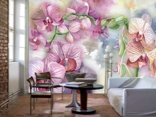 Фотообои - Акварельная розовая орхидея на нежном фоне