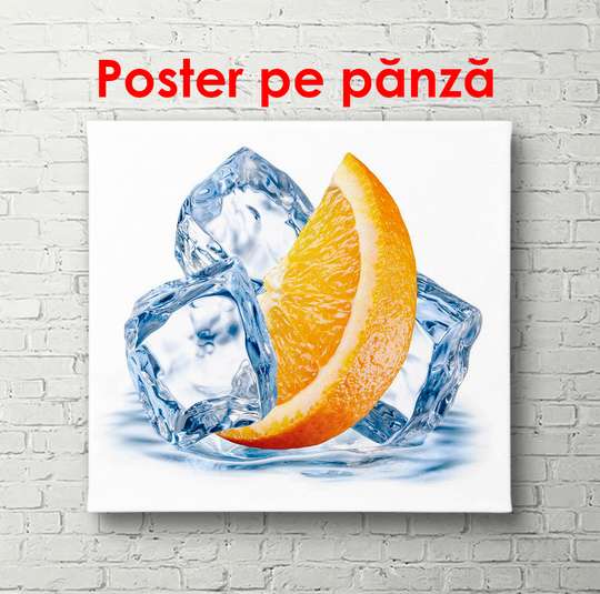 Постер - Долька апельсина с кубиками льда на белом фоне, 100 x 100 см, Постер в раме, Еда и Напитки