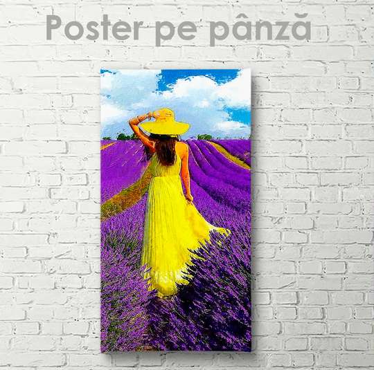 Постер - Девушка в лавандовом поле, 30 x 60 см, Холст на подрамнике, Природа
