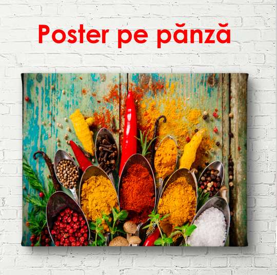 Poster - Indian spices in spoons, 45 x 30 см, Canvas on frame, Food and Drinks