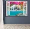 Wall Sticker - 3D window with a view of the cascade surrounded by flowers