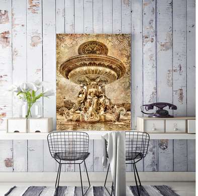 Постер - Золотой винтажный фонтан, 30 x 60 см, Холст на подрамнике, Винтаж