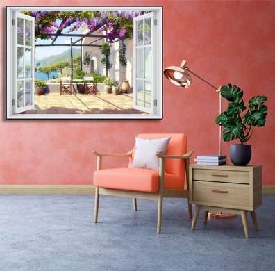 Stickere pentru pereți - Fereastra 3D cu vedere spre o terasă cu flori violet, 130 х 85