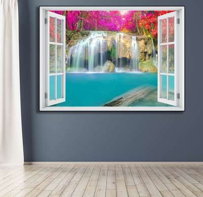 Наклейка на стену - 3D-окно с видом на каскад, окруженный цветами, 130 х 85