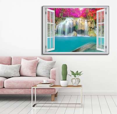 Наклейка на стену - 3D-окно с видом на каскад, окруженный цветами, 130 х 85