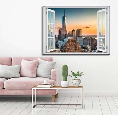 Наклейка на стену - 3D-окно с видом на огромные здания, 130 х 85