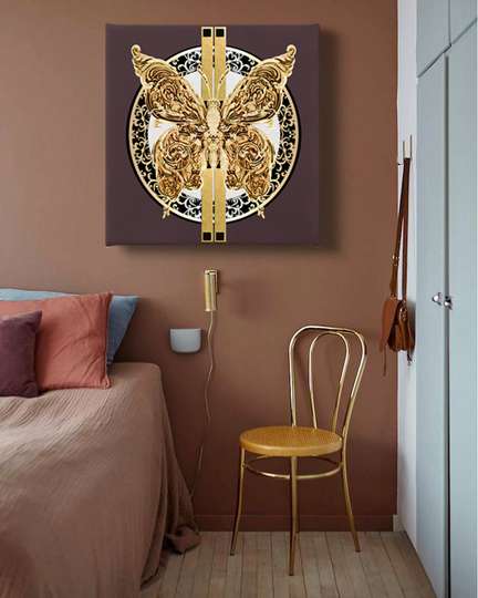 Постер - Золотая бабочка на коричневом фоне с декоративными элементами, 40 x 40 см, Холст на подрамнике, Гламур