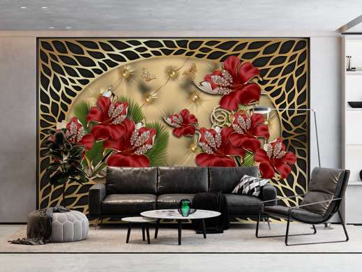 Wall Mural - Red flowers with stones