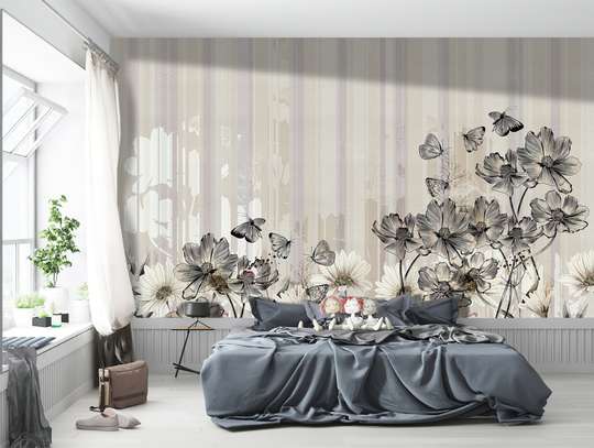 Wall Mural - Spring flowers with butterflies in beige shades