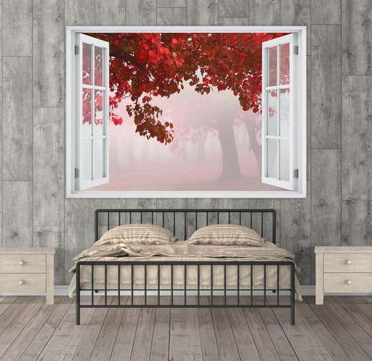 Наклейка на стену - 3D-окно с видом на лес в тумане, Имитация окна, 130 х 85