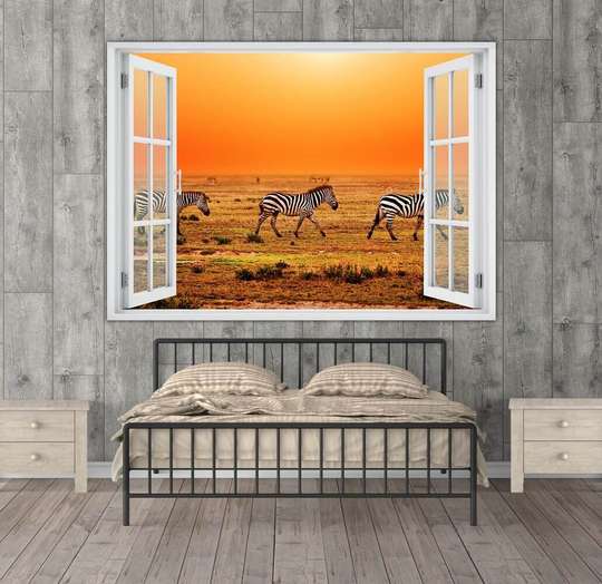 Stickere pentru pereți - Fereastra 3D cu vedere spre zebre la apus de soare, 130 х 85