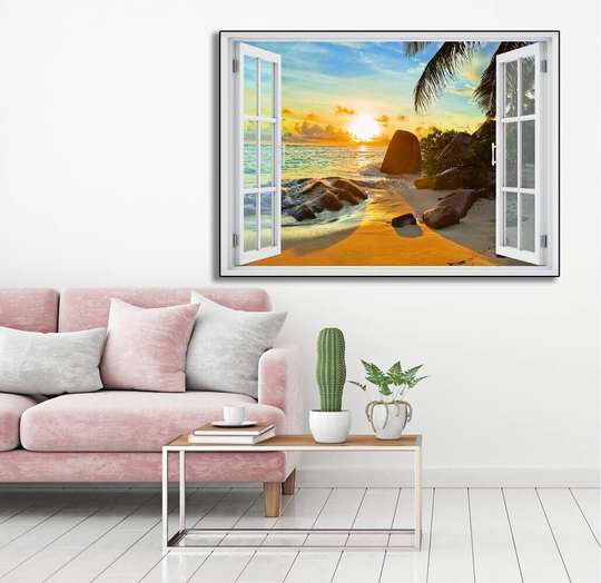 Stickere pentru pereți - Fereastra 3D cu vedere spre o plajă la apus de soare, 130 х 85