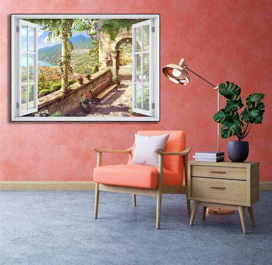 Wall Sticker - 3D window with a view of the bridge leading to the beautiful city