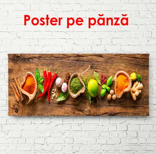 Постер - Набор яркитх и ароматных специи, 90 x 30 см, Холст на подрамнике, Еда и Напитки