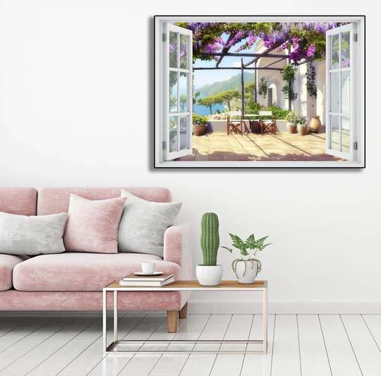 Stickere pentru pereți - Fereastra 3D cu vedere spre o terasă cu flori violet, 130 х 85
