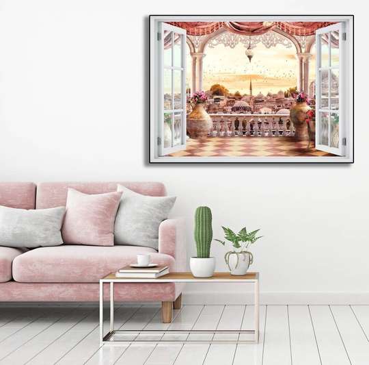 Wall Sticker - 3D window with sunset terrace view