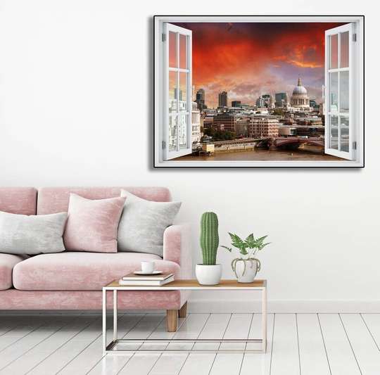 Наклейка на стену - 3D-окно с видом на закат в приморском городе, Имитация окна, 130 х 85
