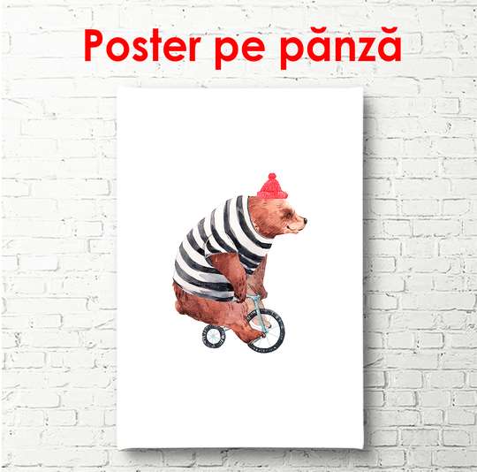 Постер - Мишка на велосипеде, 30 x 60 см, Холст на подрамнике, Минимализм