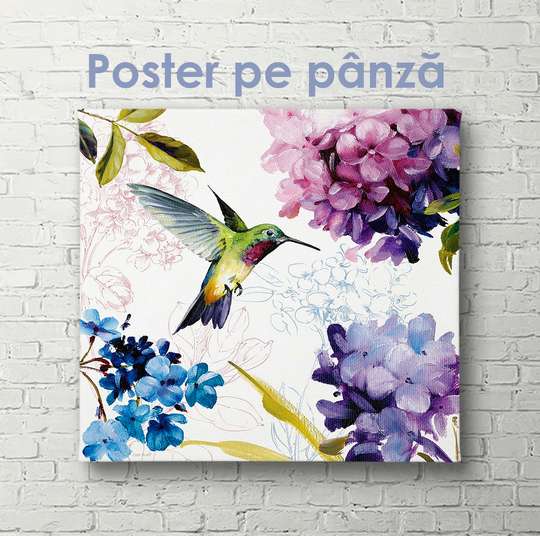 Постер - Колибри среди цветах, 40 x 40 см, Холст на подрамнике, Ботаника