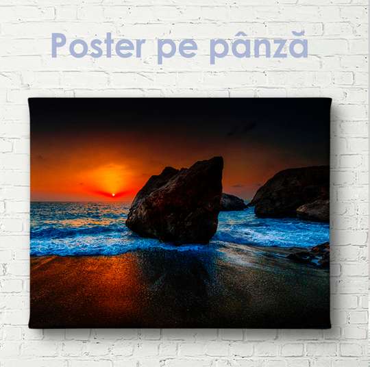 Poster - Sunset on the background of the sea and rocks, 45 x 30 см, Canvas on frame, Nature