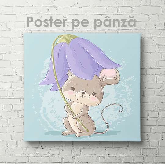 Постер - Мышка под цветком, 40 x 40 см, Холст на подрамнике, Для Детей