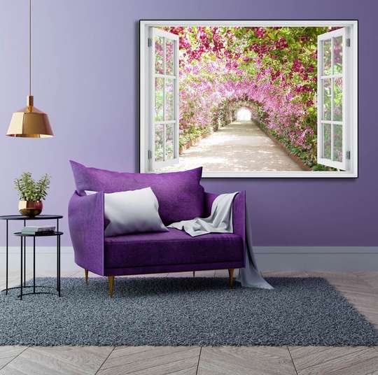 Наклейка на стену - 3D-окно с видом на цветочный туннель, 130 х 85