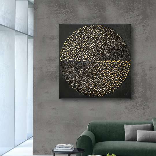Poster - Cerc auriu punctat pe un fundal negru, 40 x 40 см, Panza pe cadru, Abstracție