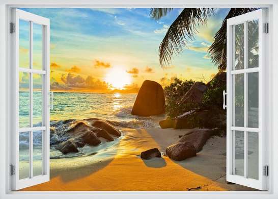 Stickere pentru pereți - Fereastra 3D cu vedere spre o plajă la apus de soare, 130 х 85